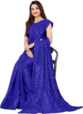 SHOBHTESH Embroidered, Embellished, Printed, Self Design, Digital Print Bollywood Georgette Saree(Blue)