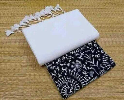 SMRITI BOUTIQUE Solid/Plain, Printed Kalamkari Handloom Pure Cotton Saree(Black, White)