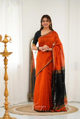 KAKADIYA Embroidered, Woven, Striped Banarasi Cotton Silk Saree(Orange)