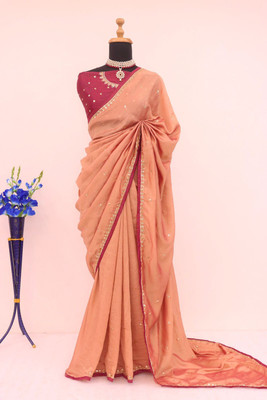 Bharatmart Embroidered Bollywood Pure Silk Saree(Orange)