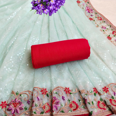MAHADEV Embroidered Bollywood Supernet Saree(Light Blue)