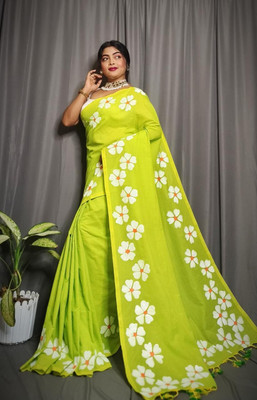 WeaveAura Solid/Plain Handloom Cotton Blend Saree(Light Green)