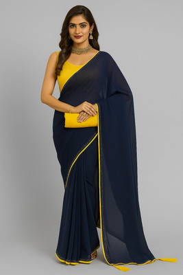 LOX Solid/Plain Leheria Georgette Saree(Dark Blue)