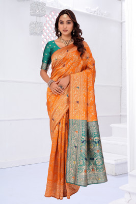 Suali Printed Banarasi Pure Silk Saree(Orange)