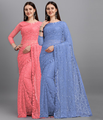 LOROFY Self Design Bollywood Net Saree(Pack of 2, Multicolor)
