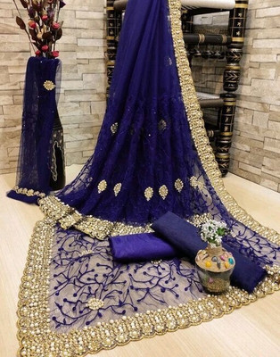 WEARSIXTY Embroidered, Embellished Bollywood Net Saree(Blue)