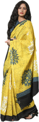NIKHILAM Printed Ikkat Pure Cotton Saree(Yellow)