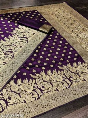 UK WORLDS Woven, Dyed, Solid/Plain Kanjivaram Silk Blend, Jacquard Saree(Purple)