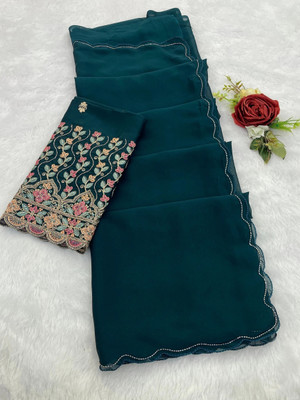 SHIV FASHION Solid/Plain Bollywood Chiffon Saree(Dark Blue)