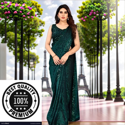Vragi Solid/Plain Bollywood Lycra Blend Saree(Dark Green)