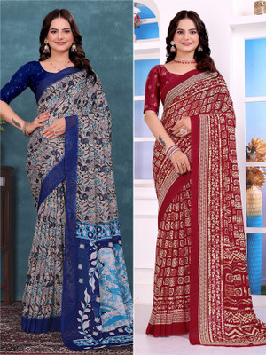Kanooda Prints Printed Bollywood Georgette Saree(Pack of 2, Multicolor)