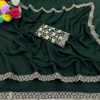 JIVI CLOTHING Self Design, Solid/Plain, Embroidered Bollywood Chiffon Saree(Dark Green)