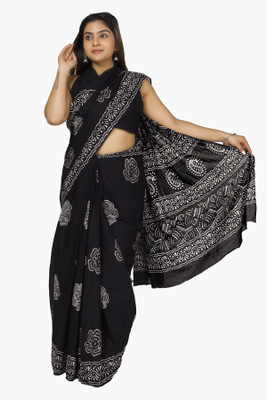 NIKHILAM Blocked Printed, Color Block, Dyed, Floral Print, Printed Daily Wear Pure Cotton Saree(Black)