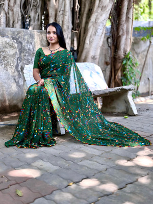 SkyCraftX Printed Kalamkari Georgette Saree(Multicolor)