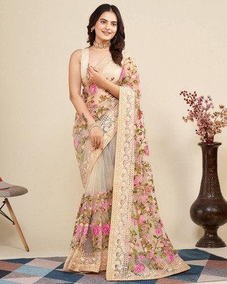 wonaari Embroidered Daily Wear Net Saree(Multicolor)