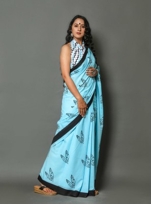 NIKHILAM Printed Daily Wear Pure Cotton Saree(Light Blue)