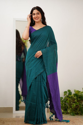 GOLU Solid/Plain Handloom Cotton Blend Saree(Dark Green, Blue)