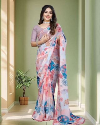 JAYAMENTERPRISE Digital Print, Floral Print, Printed Bollywood Georgette Saree(Cream)