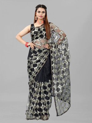 Yashvi Designer Embroidered Bollywood Net Saree(Black)