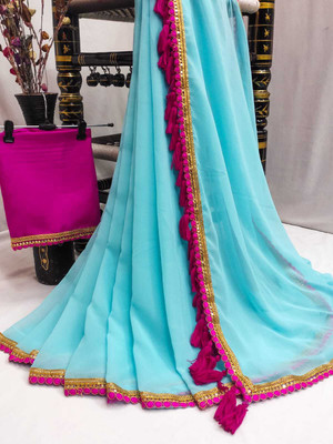 Z HUB Solid/Plain Assam Silk Georgette Saree(Light Blue)