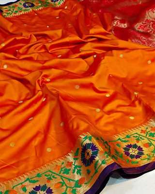 SICHYAH Embellished Paithani Silk Blend Saree(Orange)