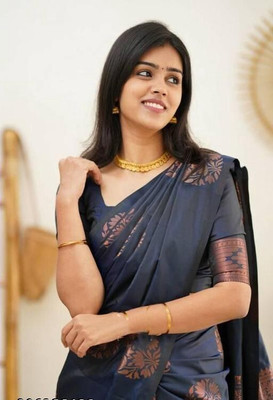 Harshiv Textile Self Design Kanjivaram Art Silk Saree(Blue)