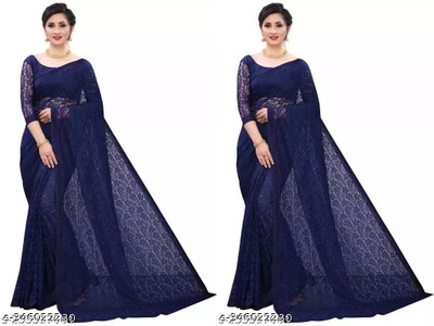 Amavii Self Design Bollywood Net Saree(Pack of 2, Blue)
