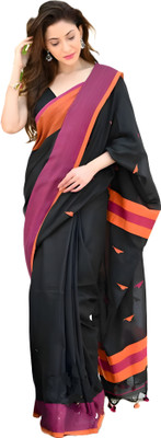Rnn Embroidered Handloom Pure Cotton Saree(Black)