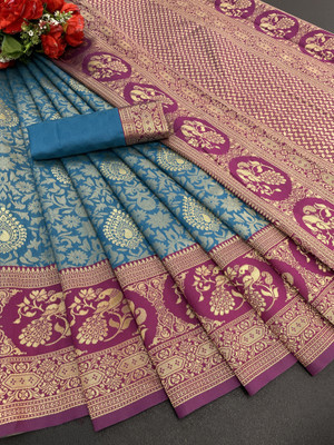 VIRDHI TEXTILE Printed, Self Design, Embellished, Woven, Floral Print, Blocked Printed Kanjivaram Jacquard, Silk Blend Saree(Blue)