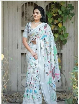 KHANUDI Floral Print Bollywood Handloom Cotton Linen Saree(Multicolor)