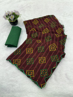 PARI DESIGNER Woven Bandhani Chiffon Saree(Brown)