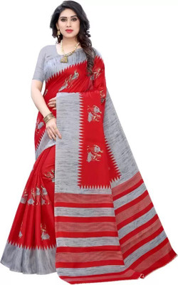 Grubstaker Printed Assam Silk Art Silk Saree(Red)
