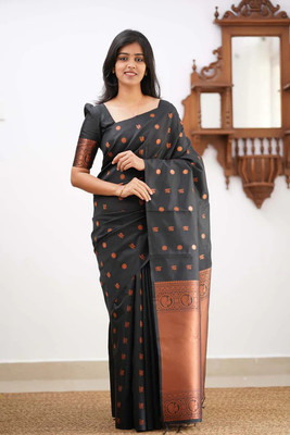 Shoponbit Printed Banarasi Pure Silk Saree(Black)