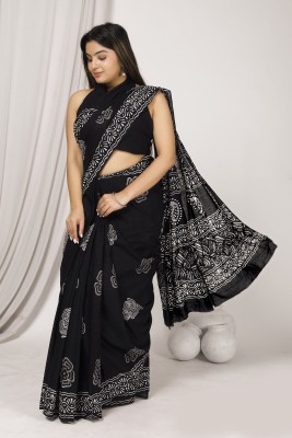 Jaipuri Print Printed, Blocked Printed, Color Block, Dyed, Floral Print Daily Wear Pure Cotton Saree(Black)