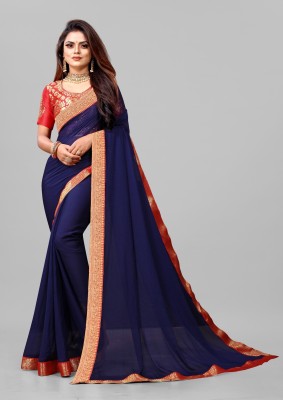 KV Fashion Solid/Plain Bollywood Chiffon Saree(Dark Blue)