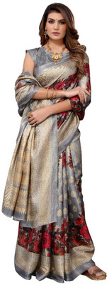 Kjs Floral Print Bollywood Cotton Blend Saree(Multicolor)
