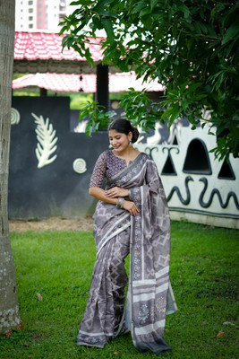PeachPetals Printed, Geometric Print Banarasi Cotton Silk Saree(Black)