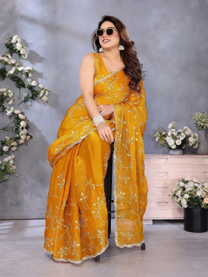 ROOP SUNDARI SAREES Embroidered Bollywood Art Silk Saree(Mustard, Multicolor)