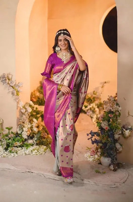 KAKADIYA Woven Kanjivaram Pure Silk Saree(Pink, Beige)