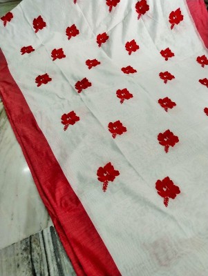 DAMAA STYL Woven Handloom Cotton Blend Saree(White, Red)