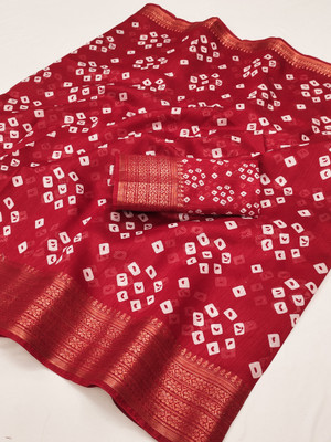 Bandhanivilla Printed Bandhani Cotton Blend Saree(Red)