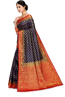 ShreeRamaFashion Printed, Woven Banarasi Jacquard Saree(Dark Blue, Red)