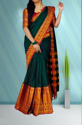 HouseOfCommon Woven, Temple Border Narayanpet Cotton Silk Saree(Dark Green)