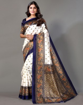 Samah Printed Banarasi Silk Blend Saree(Dark Blue, White)