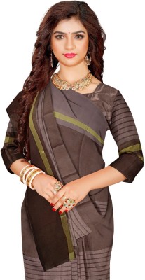 Suali Striped Daily Wear Cotton Silk Saree(Brown)