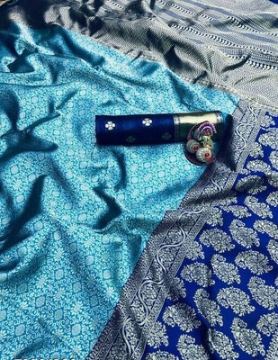KRISHUFAB Self Design Kanjivaram Art Silk Saree(Blue)