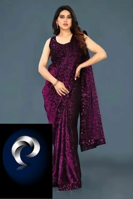Online Bazaaar Solid/Plain Bollywood Lycra Blend Saree(Purple)