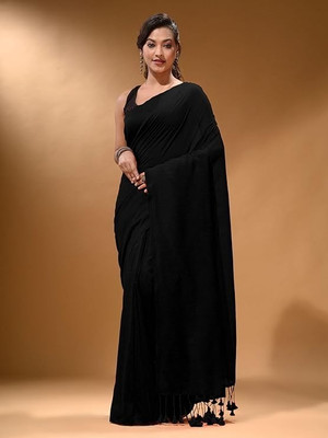 BalikaTextile Solid/Plain Handloom Cotton Blend Saree(Black)