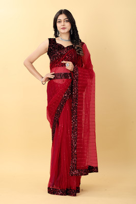 Embellished Bollywood Net Saree(Maroon)