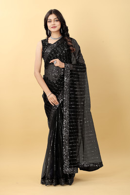 Embellished Bollywood Net Saree(Black)
